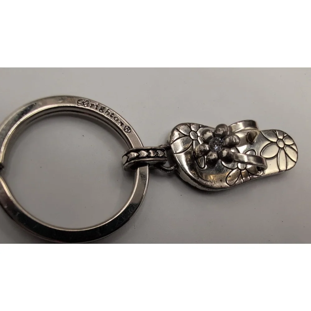 Brighton Silver Tone Flip Flop Sandal Keychain Floral Charm Crystal Accent wear